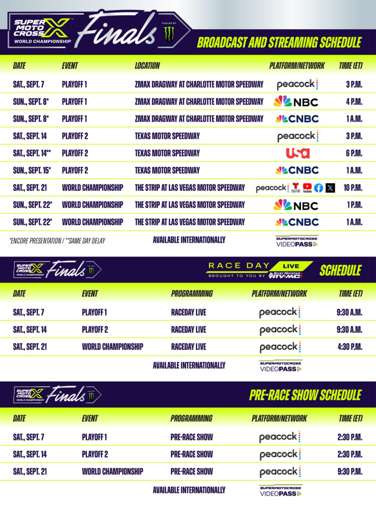 Graphic showing dates, locations and networks for the 2024 SMX World Championship Finals