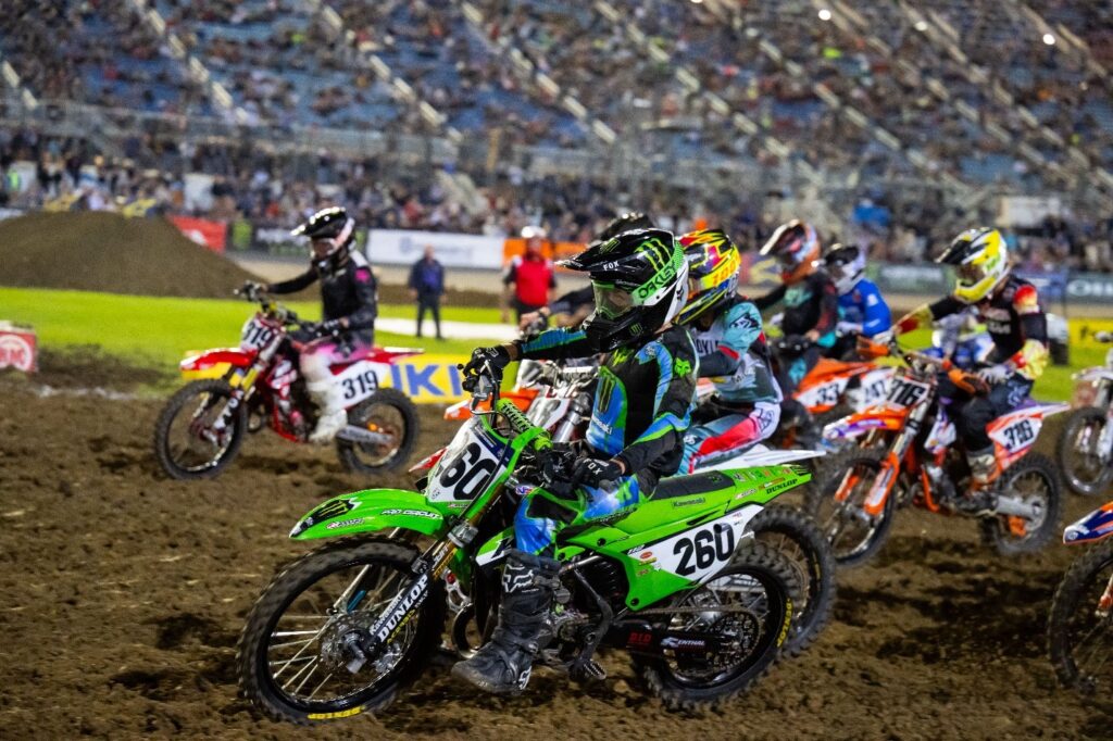 The Supermini World All-Stars racing at the SuperMotocross World Championship Playoff 2 last year at Chicagoland Speedway in Joliet, Illinois. Photo Credit: Align Media.