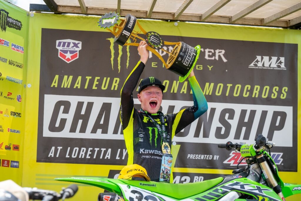 Drew Adams celebrating on the podium at the recent Monster Energy AMA Amateur National Motocross Championship. Photo Credit: Align Media